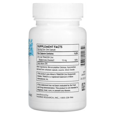 Thorne Zinc Bisglycinate 15 mg 60 капсул Цинк