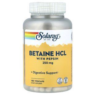 Solaray Betaine HCL with Pepsin 250 mg 180 рослинних капсул Бетаїн