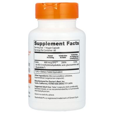 Doctor's Best Folate 800 with Quatrefolic 800 mcg 60 вегетарианских капс Фолиевая кислота (B-9)