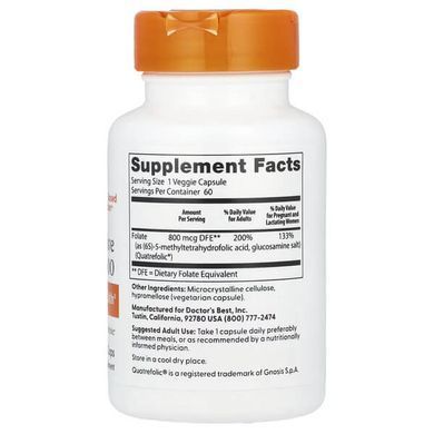 Doctor's Best Folate 800 with Quatrefolic 800 mcg 60 вегетаріанських капсул Фолієва кислота (B-9)