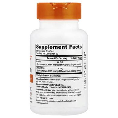 Doctor's Best Lutein with Lutemax 2020 20 mg 60 капсул Лютеїн
