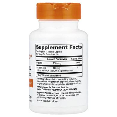Doctor's Best Stabilized R-Lipoic Acid 100 mg 60 Veggie Caps Альфа-липоевая кислота