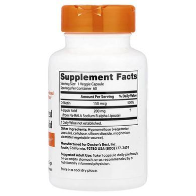 Doctor's Best Stabilized R-Lipoic Acid 200 mg 60 Veggie Caps Альфа-липоевая кислота