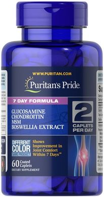 Puritan's Pride 7 Day Formula Glucosamine, Chondroitin, MSM & Boswellia 60 табл. Глюкозамин и хондроитин