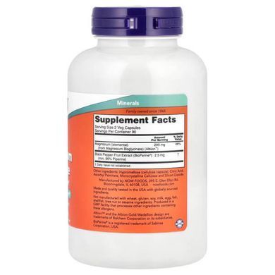 NOW Magnesium Glycinate With BioPerine 180 растительных капсул Магний