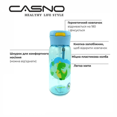 Бутылка для воды CASNO 400 мл Голубая (Дино) с соломинкой Спортивные бутылки