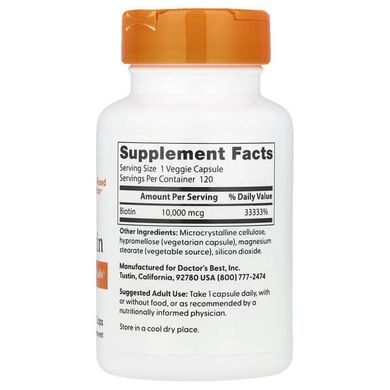 Doctor's Best Biotin 10,000 mcg 120 вегетаріанських капсул Біотин (B-7)