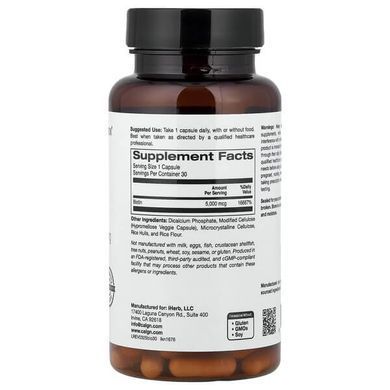 California Gold Nutrition Biotin 5,000 mcg 30 Veggie Capsules Биотин (B-7)