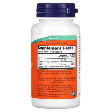 NOW L-OptiZinc 30 mg 100 капсул Цинк