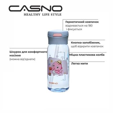 Пляшка для води CASNO 400 мл Бузкова (Дельфін) з соломинкою Спортивні пляшки